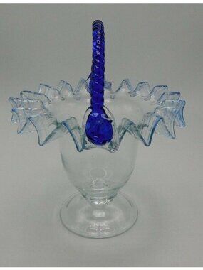Hand Blown Art Glass Basket Blue Twisted Handle Ruffled Edge Clear Pedestal